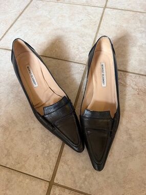 Vintage Manolo Blahnik Black Leather Pointed Toe Loafer Pumps 39.5 NEED REPAIR